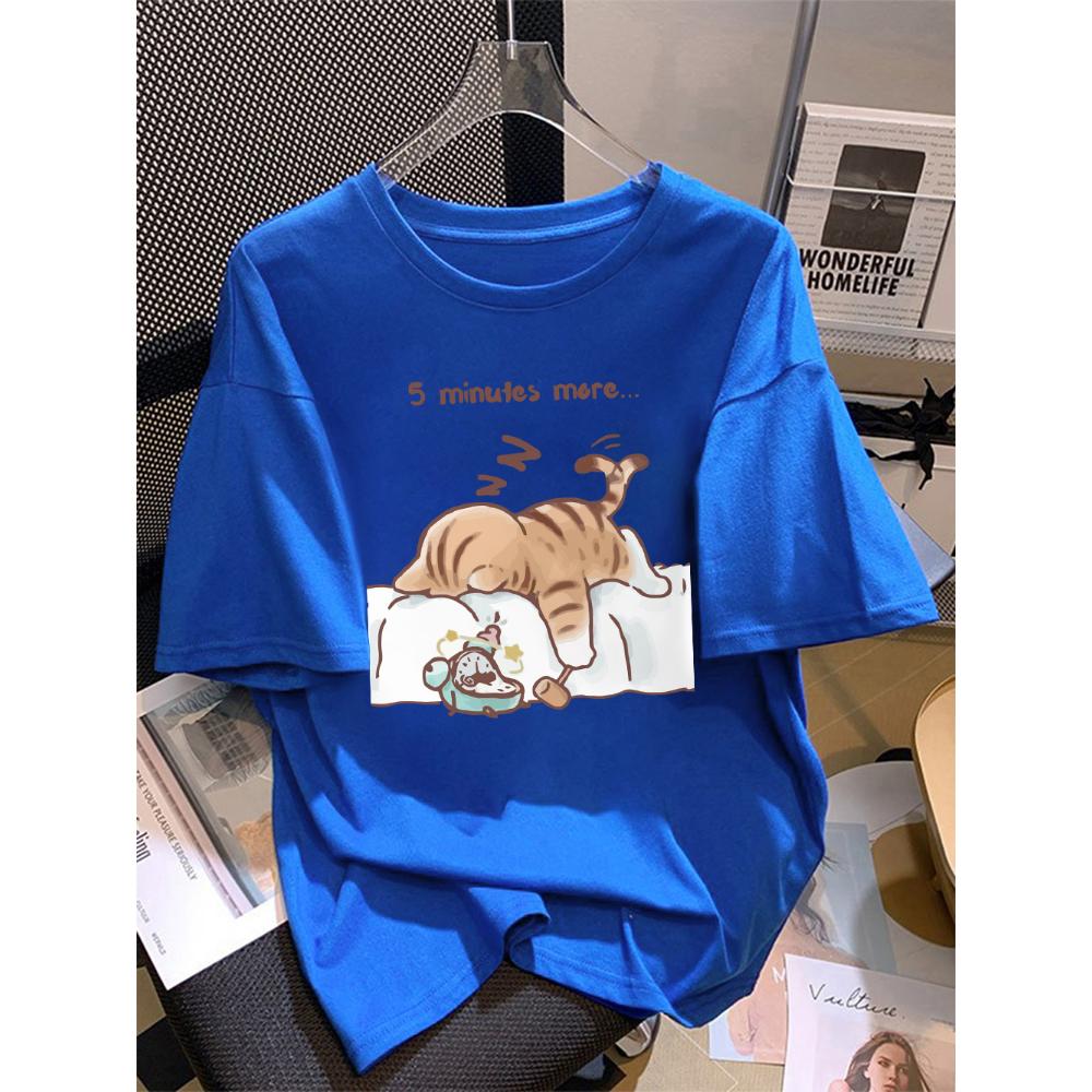 Women T-Shirt Cotton Summer The Cat That Always Wants To Sleep Pattern Prints T Shirt O-Neck Soft Loose Tops Basic Woman Clothes