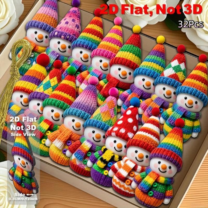 1/16/32Pcs 2D Flat Wooden Snowman Hanging Ornament Colorful Knit Style Snowman Pendant For Christmas Tree Xmas Holiday Decor