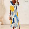Women Plus Size V Neck Three Quarter Sleeve Geometric Printed Long Dress