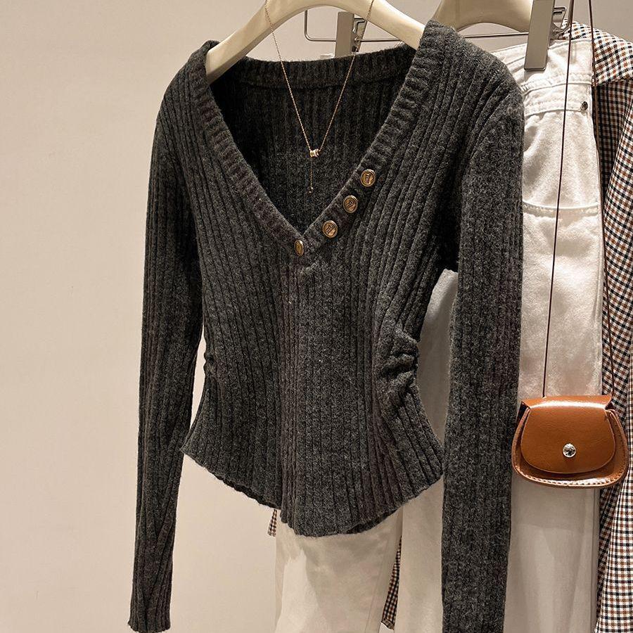 Elegant V-neck Slim Pullover Sweater - New Winter Style, All-Match French Long-Sleeve Top