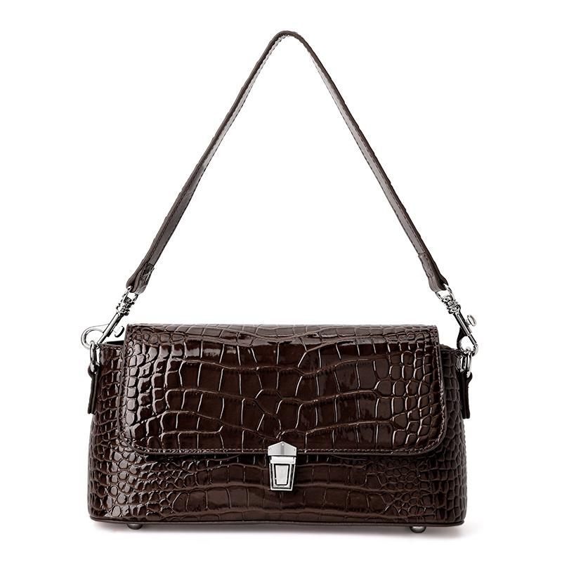 Aidrani Crocodile Pattern Brown Shoulder Bag Retro Flap Handbag with Metal Lock