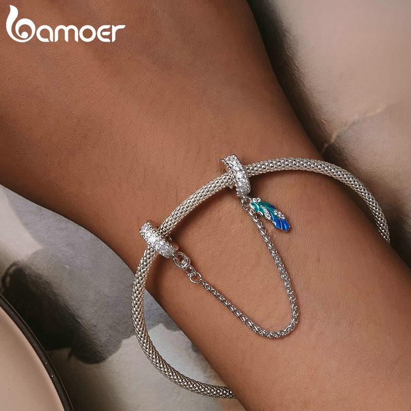 BAMOER 925 Sterling Silver Blue Emalia Feather Łańcuch Bezpieczeństwa nadające się do Charms Bransoletka i Bransoletka Klip Charms DIY Biżuterii