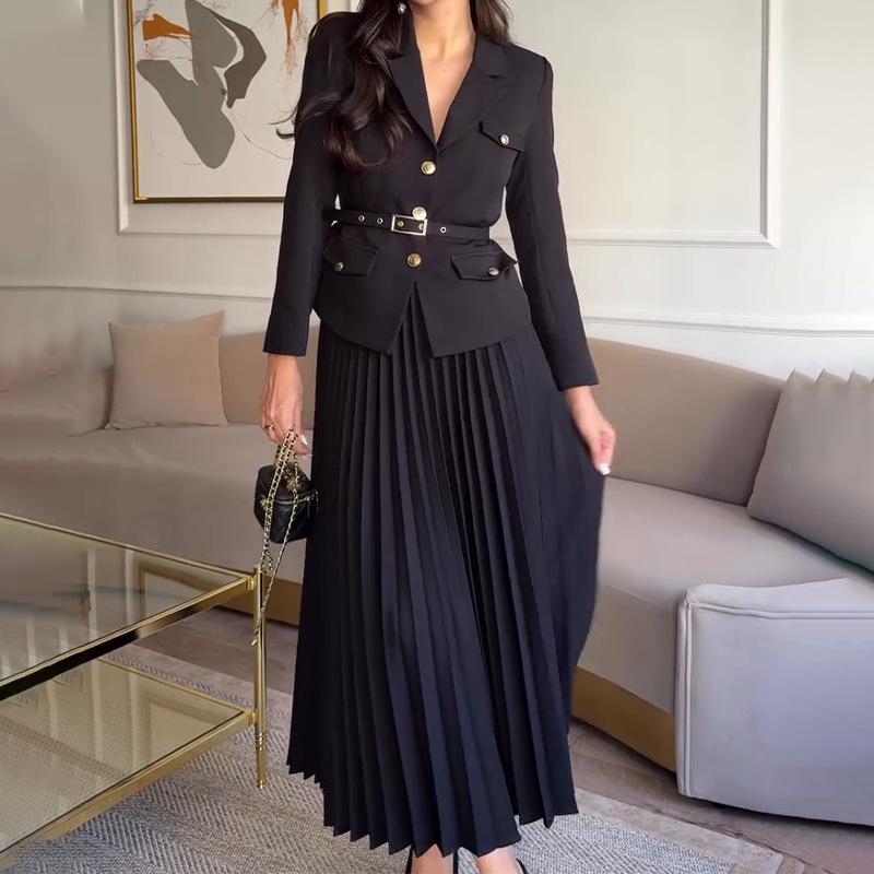 2025 spring new European, American Amazon foreign trade cross-border solid color temperament lapel suit pleated skirt set