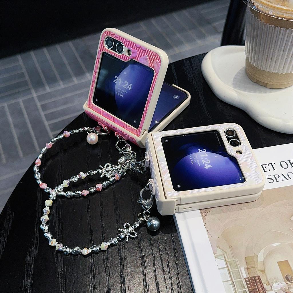 For Samsung Galaxy Z Flip7 FE 5G/Z Flip6 5G Case Bubble Heart Leather+PC Phone Cover with Beaded Strap