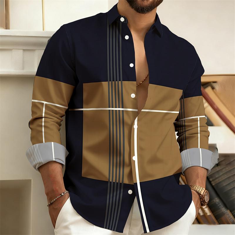 Men's Color-Blocked Striped Long-Sleeve Shirt, Retro Style Business Casual Shirt, Slim Fit Men's Trendy Top