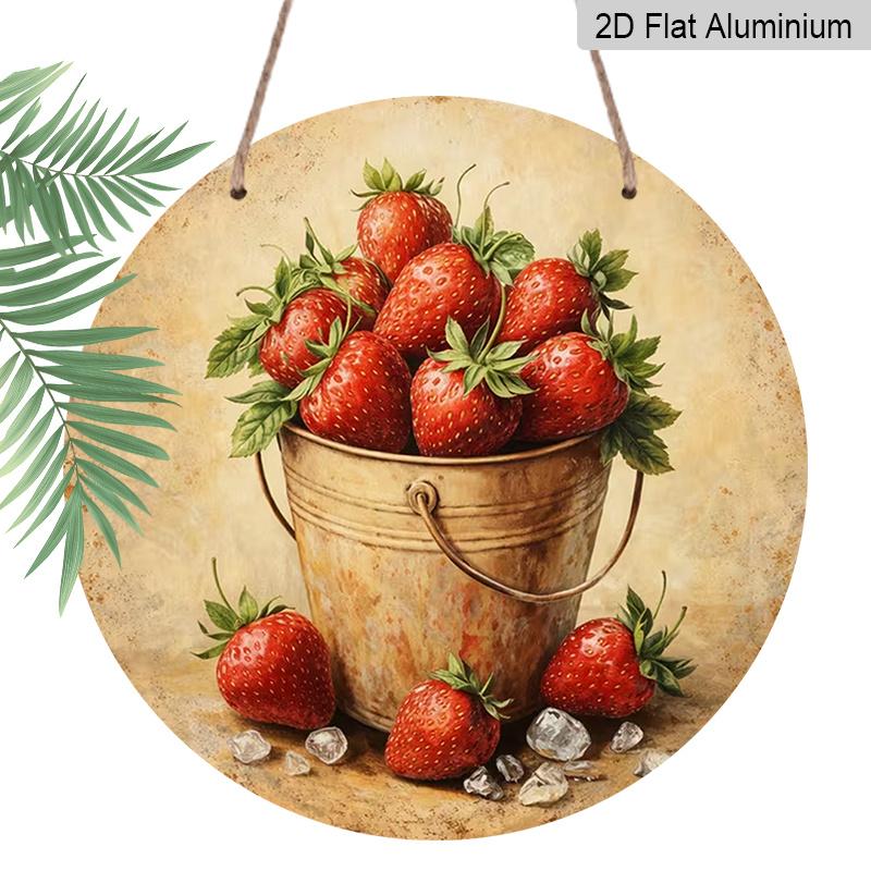 2D Flat Aluminum 7.87 Inch X 7.87 Inch Vintage Fresh Strawberry Pattern Wall Hanging, Country Style, Suitable for Dining Rooms, Gardens, Farmhouses