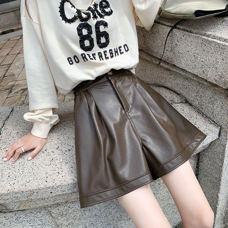 High Waist PU Leather Bootcut Shorts - Elastic, Plus Size, Wide Leg, Loose Fit, Black, Women’s Stylish Autumn/Winter Wear
