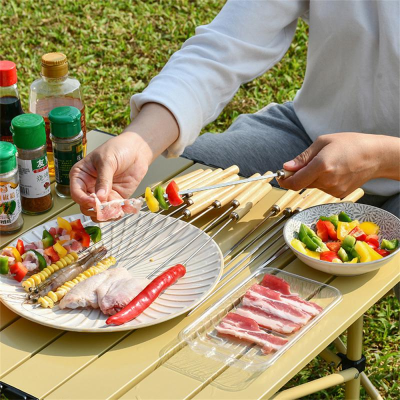 BBQ Skewers Long Handle Clip Barbecue Grill Sticks Wood Kitchen BBQ Fork Stainless Steel Outdoor Grill Needle Clip Kitchen Tool