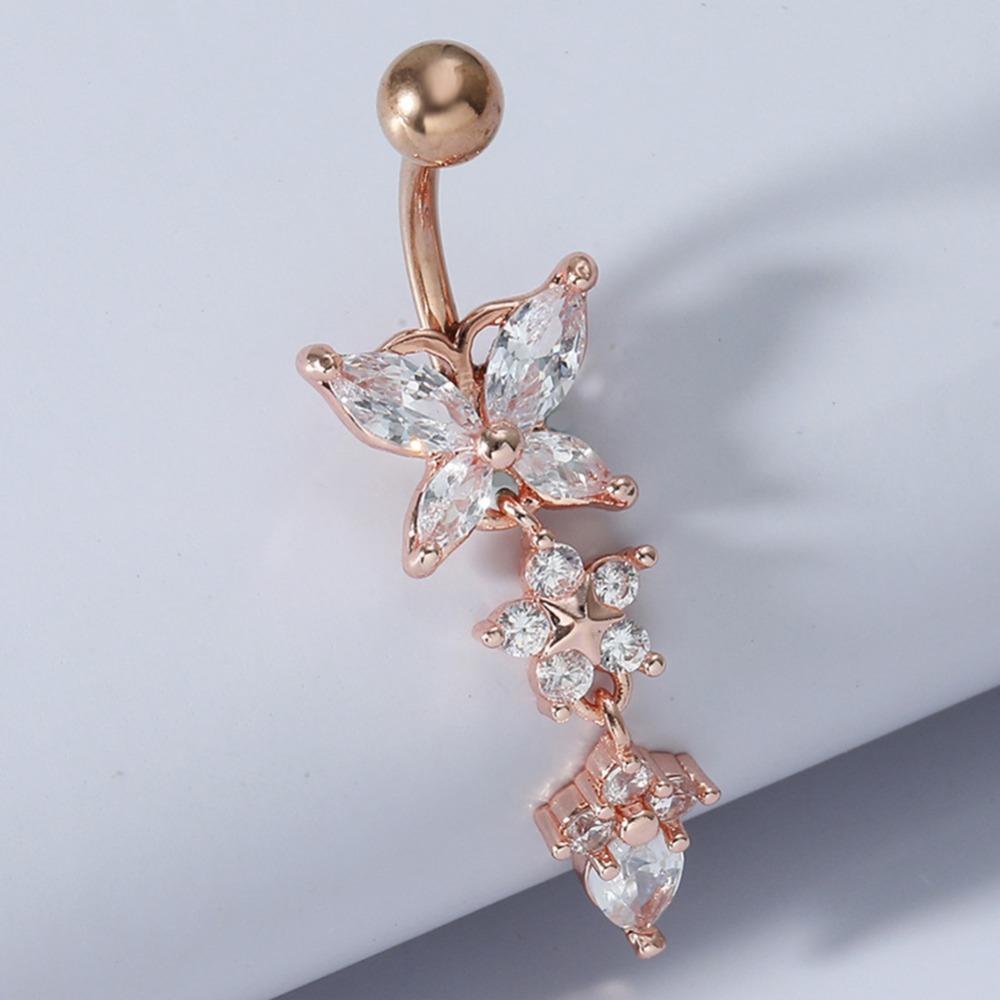 Schönes Bauchnabelpiercing Körperschmuck Mode Glänzend Schmetterling Blume Zirkon Anhänger Edelstahl Bauchnabelring