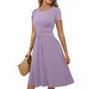 Women's Casual Fashion Round Neck Pleated Short Sleeve Solid Color A-Line Midi Dress