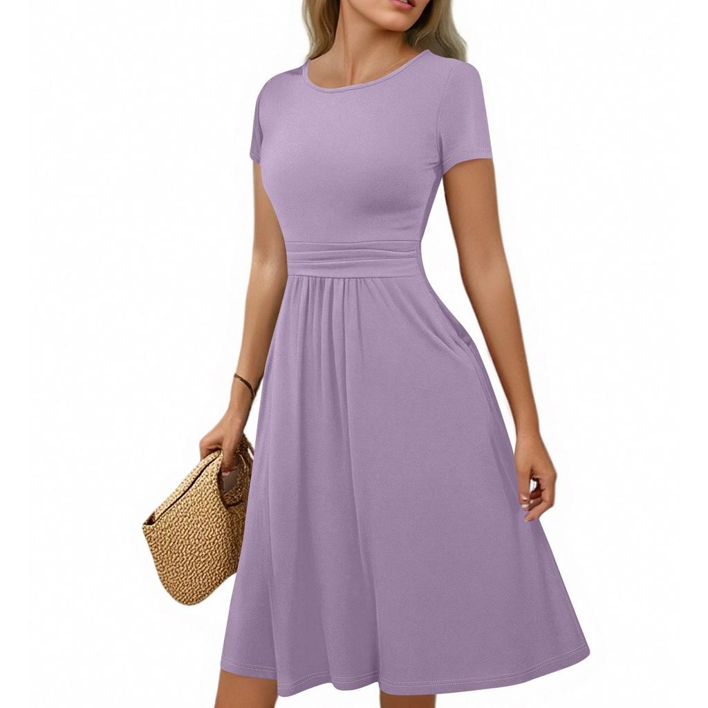 Women's Casual Fashion Round Neck Pleated Short Sleeve Solid Color A-Line Midi Dress