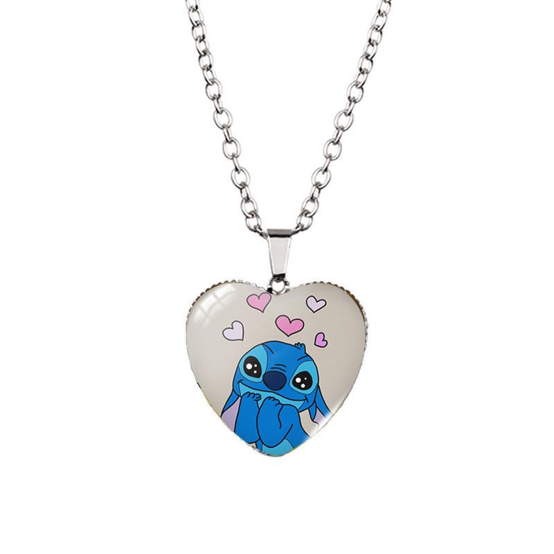 Adorable Stitch Cartoon Heart Necklace For Kids With Stunning Glass Pendant And Alloy Chain
