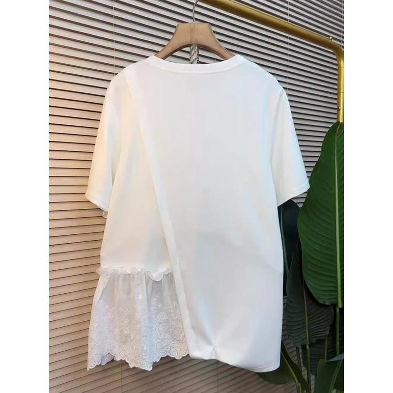 Fashion Large Size Lace Splicing Irregular Blosue Women Short Sleeved T-shirt for Women Summer New Loose Top Sweet Casual O Neck Covers White Shirts