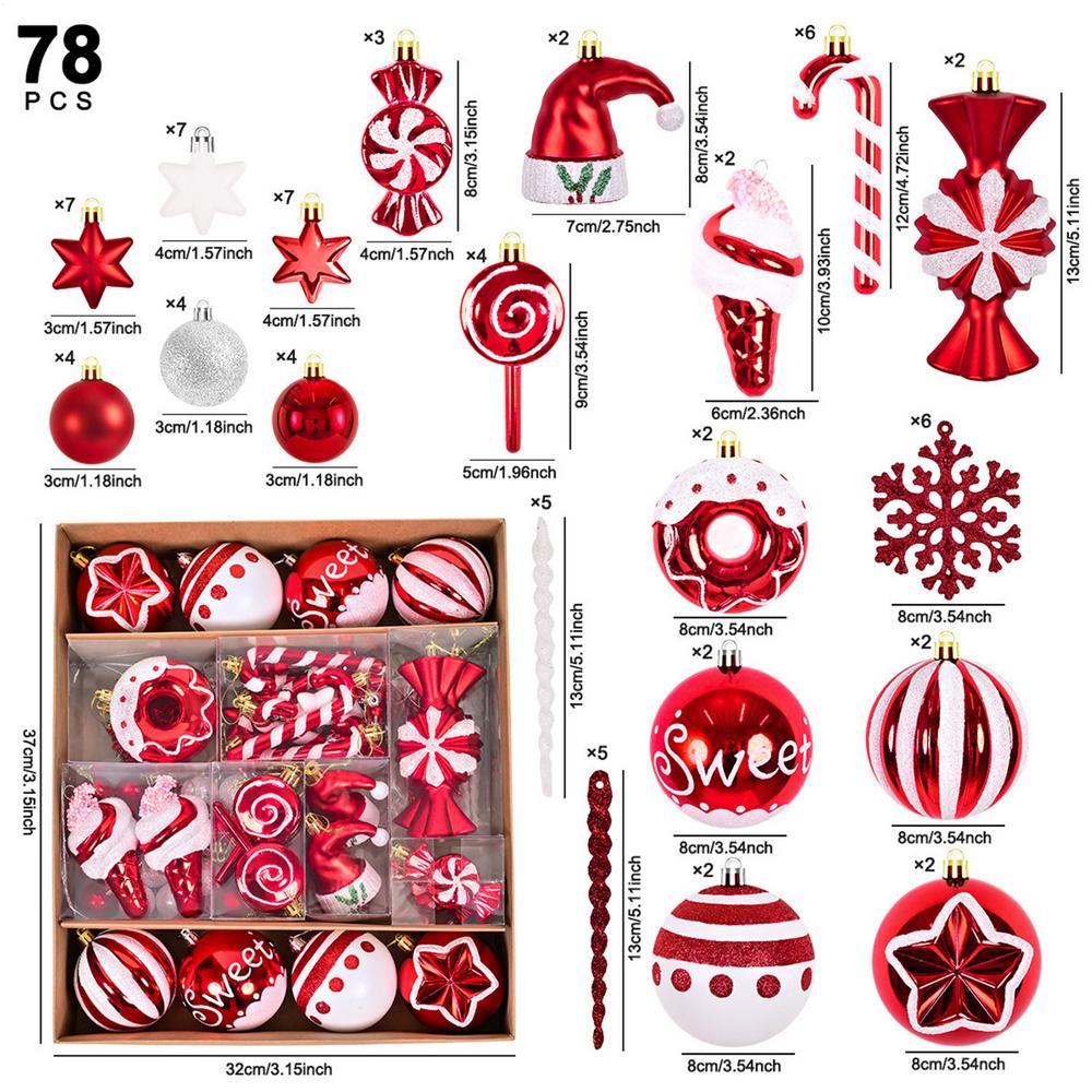 

Рождественские шары для елки Мультяшные Красно-белые Елочные украшения 78 шт. Праздничные украшения для двери Смешной домашний декор для окна, двери Other красный