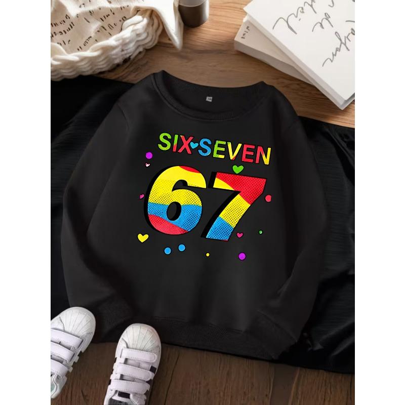 Unisex Kids Red Crewneck Sweatshirt For 4-12 Boys Girls Colorful SIX SEVEN Number 67 Heart Dot Print Soft Fleece Long Sleeve Pullover