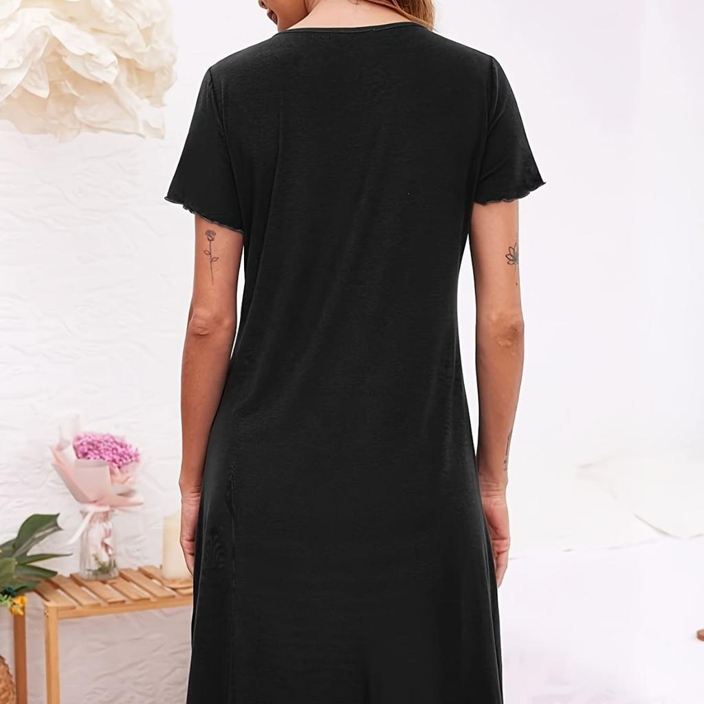 Simple Style Lady's Nightgown with Short Sleeves, V-neck, Buttoned Front, Loose and Comfortable Mid-length Home Wear
