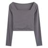 Camisetas negras cortas para mujer, camisetas ajustadas de manga larga, camisetas informales lisas con cuello cuadrado.