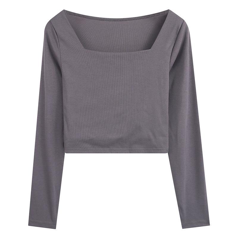 Camisetas negras cortas para mujer, camisetas ajustadas de manga larga, camisetas informales lisas con cuello cuadrado.