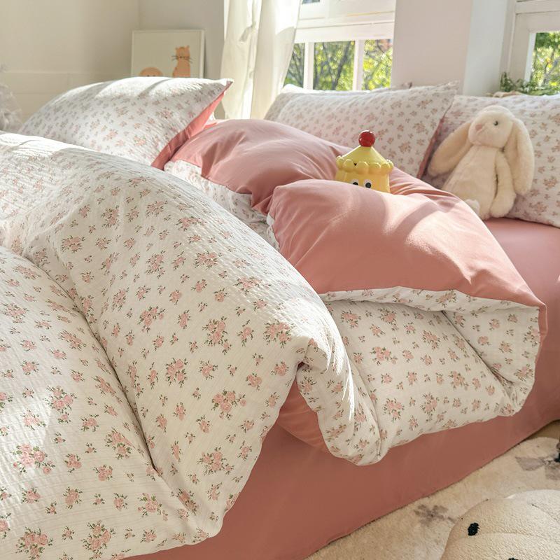 Class A Fresh Four-Piece Set: Washed Cotton Bed Sheet & Duvet Cover with Double Layer Gauze - Home Bedding Collection