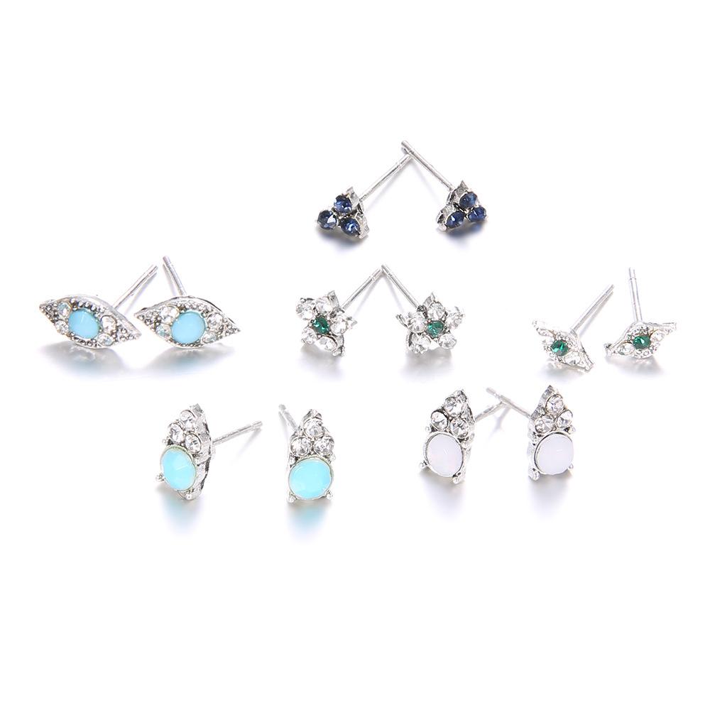 Stylish And Simple Diamond-Set Flower Devil'S Eye Stud Earrings Women'S 6-Piece Set