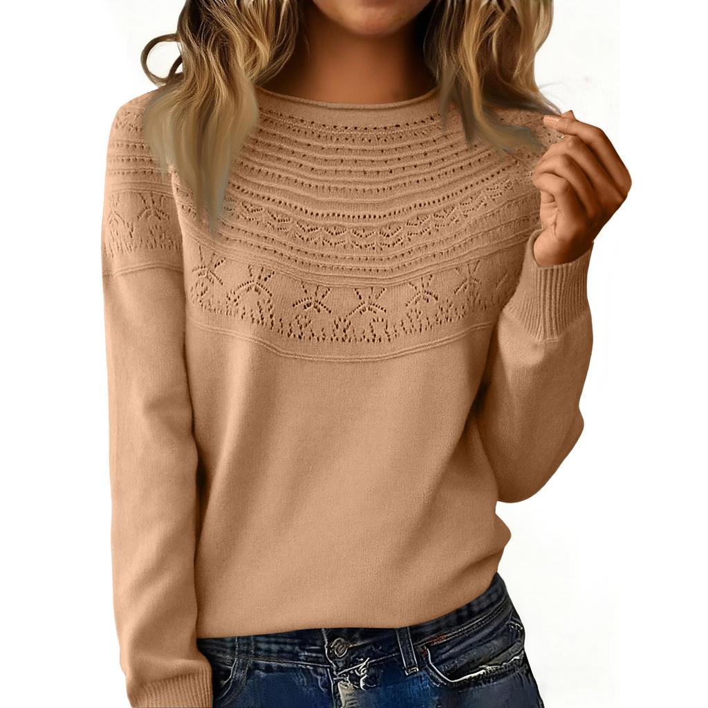 Women's Fashion Rolled-Collar Round Neck Lace-Up Pullover Knit Sweater Long Sleeve Solid Color Sweater