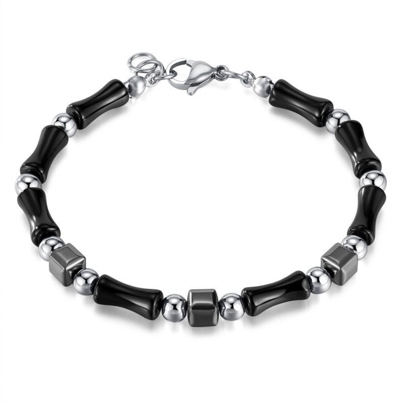 

Fashionable Minimalist Stainless Steel Bracelet With A High-end Feel Natural Stone Black Bamboo Knot Splicing Women