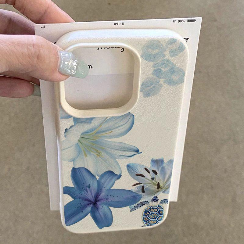 Minimalist Ins Turtle Blue Lily Pattern Phone Case For iPhone 17 16 15 14 13 12 11 Pro Max 14 Plus 17 Air X XS XR Soft Y2K Cover