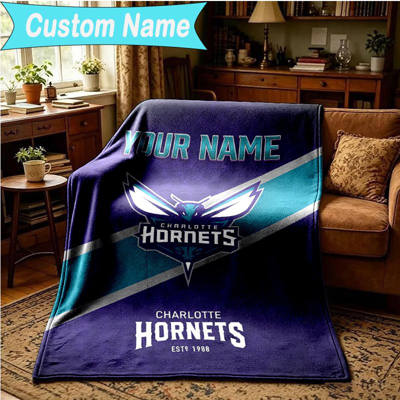 1PC Custom Name Blanket Charlotte-Hornets Logo Flannel blankets Patterns Throw Blanket All-Season Soft Gift for Couch, Bed, Camping, Birthday gifts