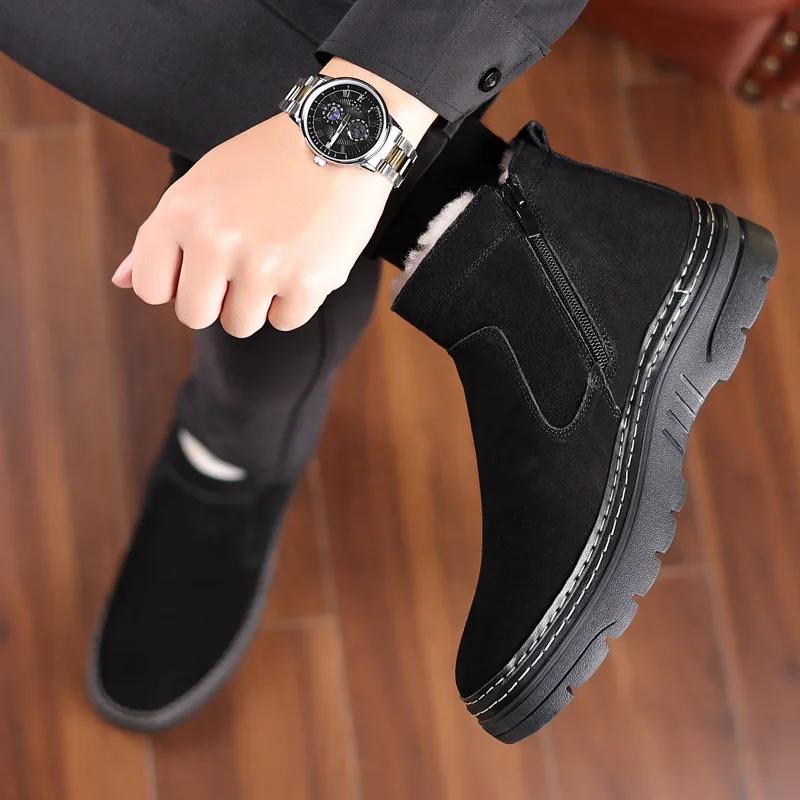 Winter Men Shoes Wool Boots High Top Warm Genuine Leather Casual Shoes Thick-soled Snow Boots