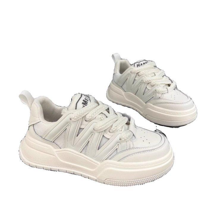 Internet Celebrity Leather Thick Baseplate Shoes White Shoes Women's Round Head Lace-up Flat Bottom Color Matching Bread Shoes Sports and Leisure Sho