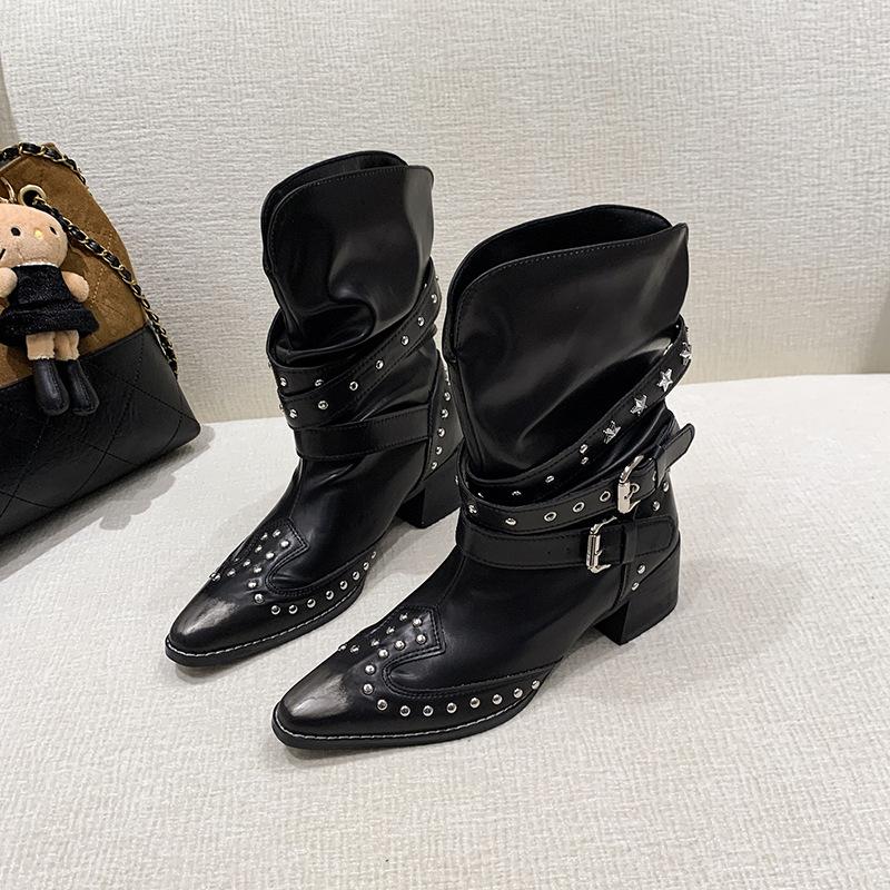 Female pointed European and American style boots fashion boots versatile autumn new rivet thick heel height increase thin short boots