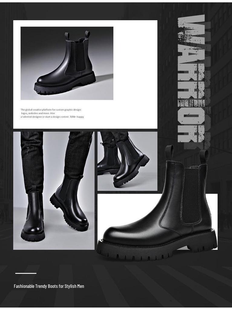 Trendy Men's Elastic Sock-Fit Chunky Sole Boots, Round Toe High-Top Martin Style, Inspired by Xiaohongshu Live Broadcast.