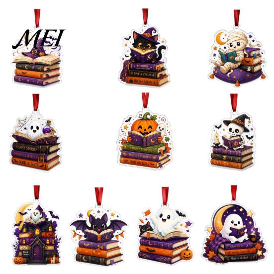 Holiday Party Decoration Halloween Reading Ghost Hanging Ornament, Acrylic Holding Book Pumpkin Festive Decorations Black Cat Mummy Decor, 2D Cartoon