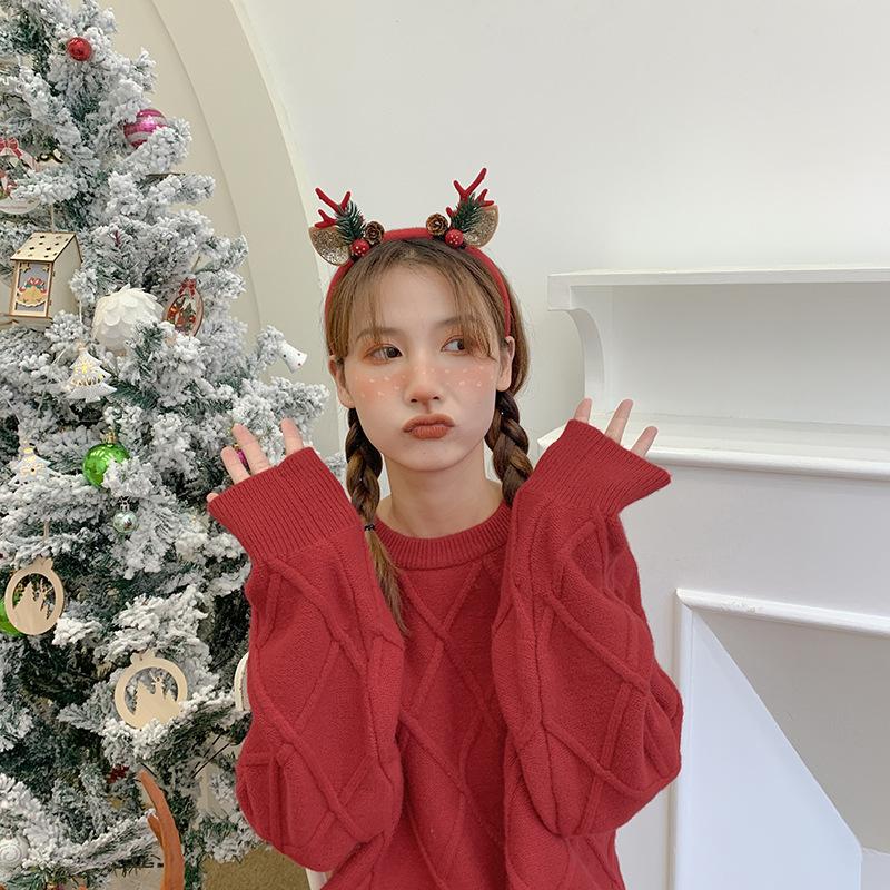 Christmas Headband Reindeer Antlers Horn Flower Hair Band Clasp Headwear for Kids Adult New Year Navidad Party Halloween Cosplay