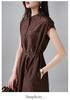 Minimalist printed round neck short sleeved dress for 2026 summer fashion, versatile and slimming, mid length lace up skirt