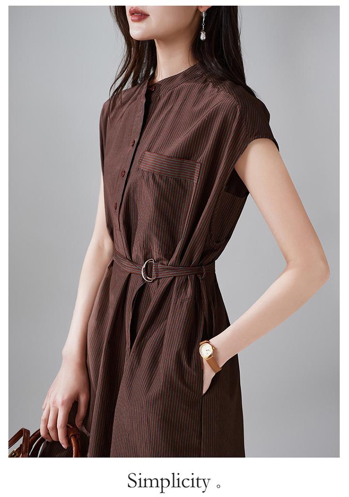 Minimalist printed round neck short sleeved dress for 2026 summer fashion, versatile and slimming, mid length lace up skirt