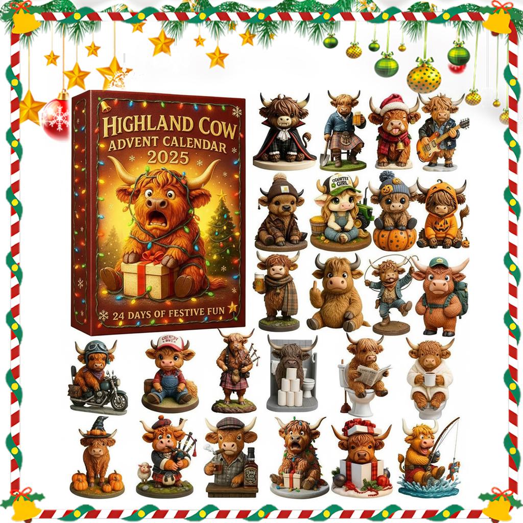 3D Highland Cow Christmas Advent Calendar 2025 with 24 Ornament 24 Days Countdown Calendar Xmas Calendar for Family Holiday Gift