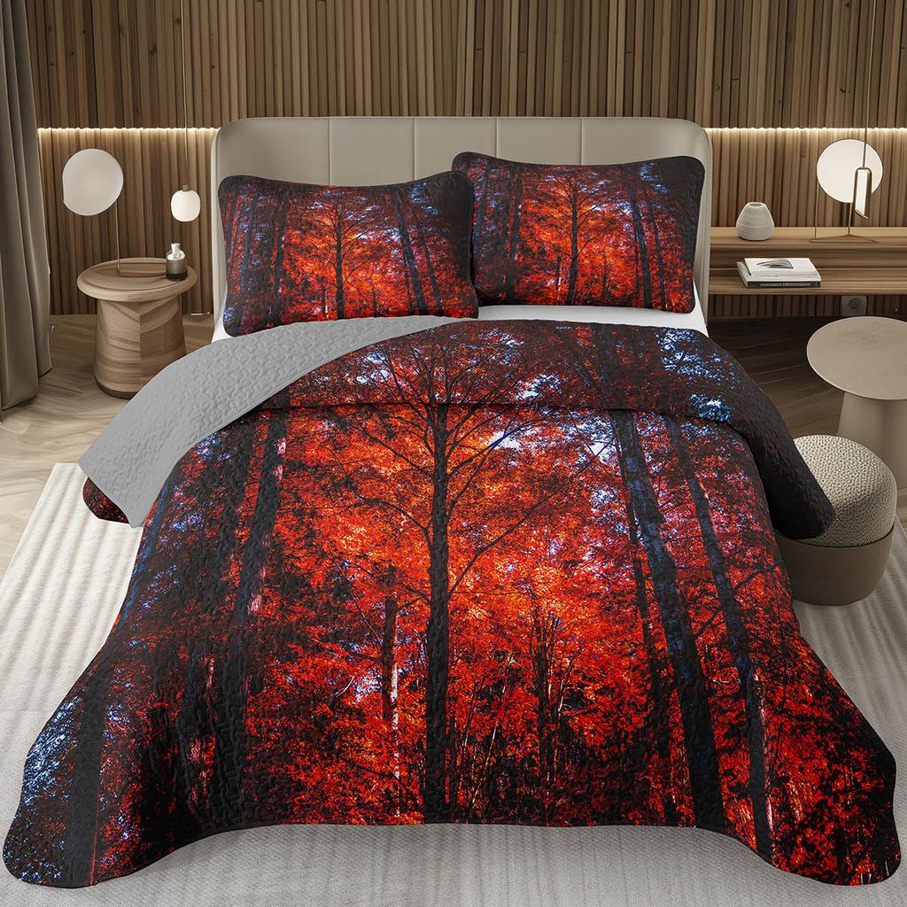 Fall Leaves Bedspread Set Queen/Twin, Autumn Maple Leaf Quilt Set, Soft Lightweight Botanical Coverlet, Rustic Farmhouse Bedding