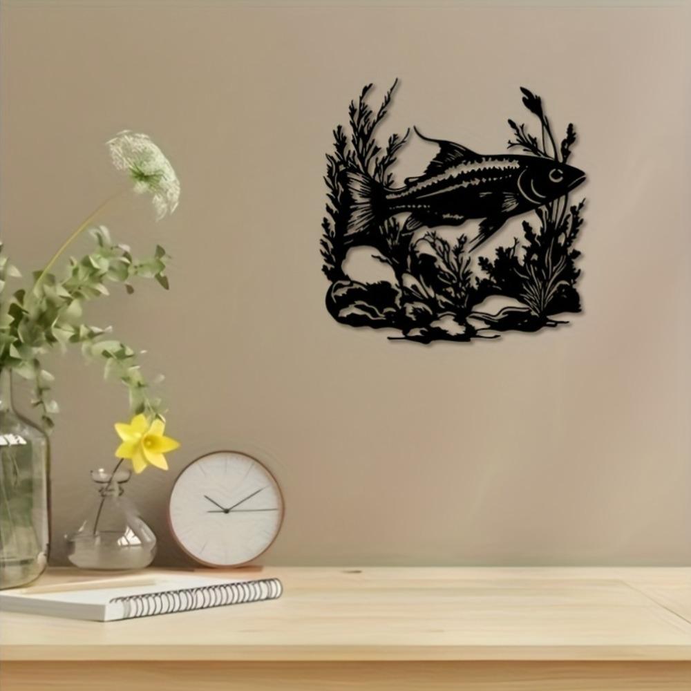 Metal Wall Art Fish Ocean Plants Rocks Black Home Decor Gift for Living Room Patio Beach House