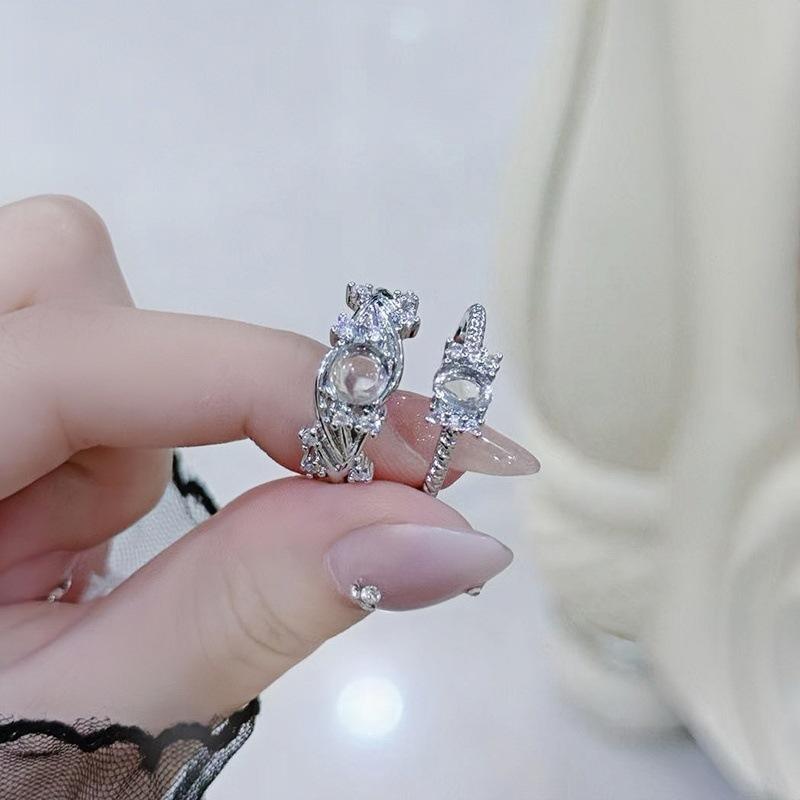 Round Moonstone Vine Wrapped Flower Open Ring Niche Design Light Luxury High Sense Zircon Index Finger Ring Female