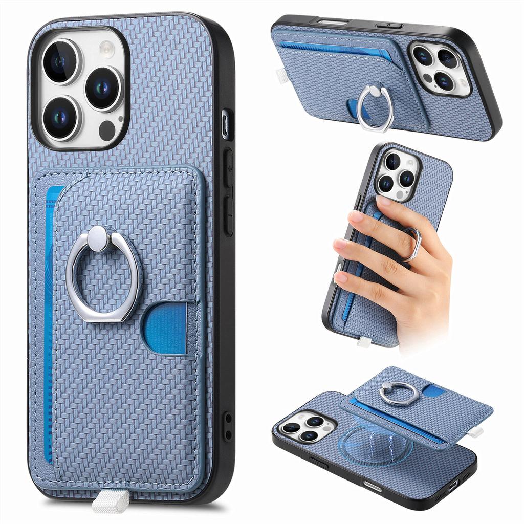 For iPhone 16 Pro Case Ring Kickstand Leather Back Cover with Magnetic Detachable Card Holder