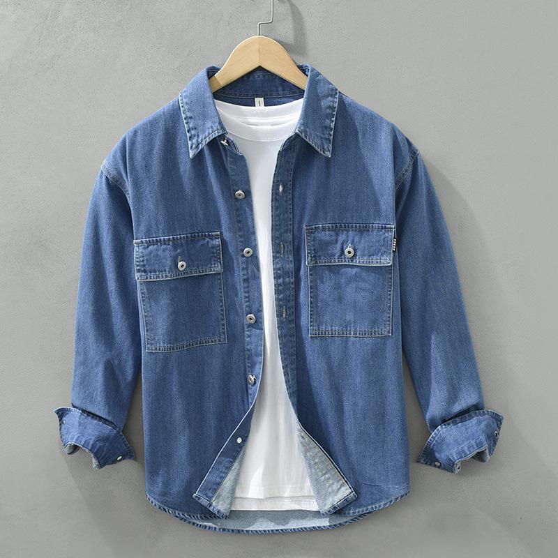 

Весенне-осенние джинсовые рубашки с длинными рукавами для мужчин, новая японская модная рабочая одежда, мужские топы с карманами, свободная рубашка из чистого хлопка, повседневная мужская одежда XXXL темно-синий