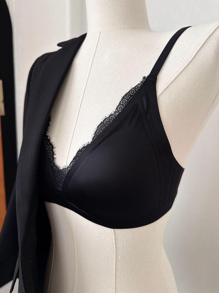 Romantic Satin Eyelash Lace Deep V Bra & Seamless Triangle Thin Cup