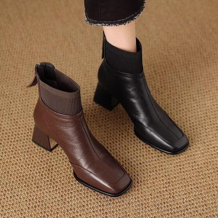 French Retro Autumn and Winter Knitted Small Short Boots Women's 2025 New Thick Heel Square Head Martin Boots Popular Thin Cotton Boots