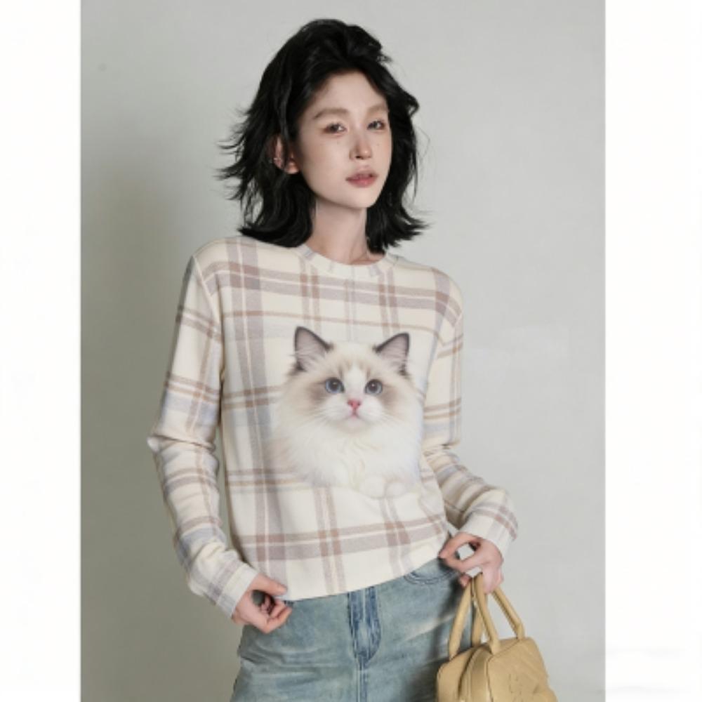 Spring Europe America Fashion Animal Cat Print Women's T-shirt Casual Pullover Women Long Sleeve Clothing Outdoor Casual Tees Top