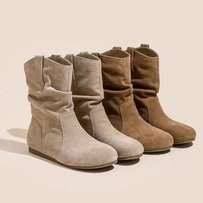 Platta Damstövlar Eleganta Damskor Hög med Stövlar för Kvinnor Flats Retro Dam Korta Stövlar Retro Design Läder Cowboy Stövel