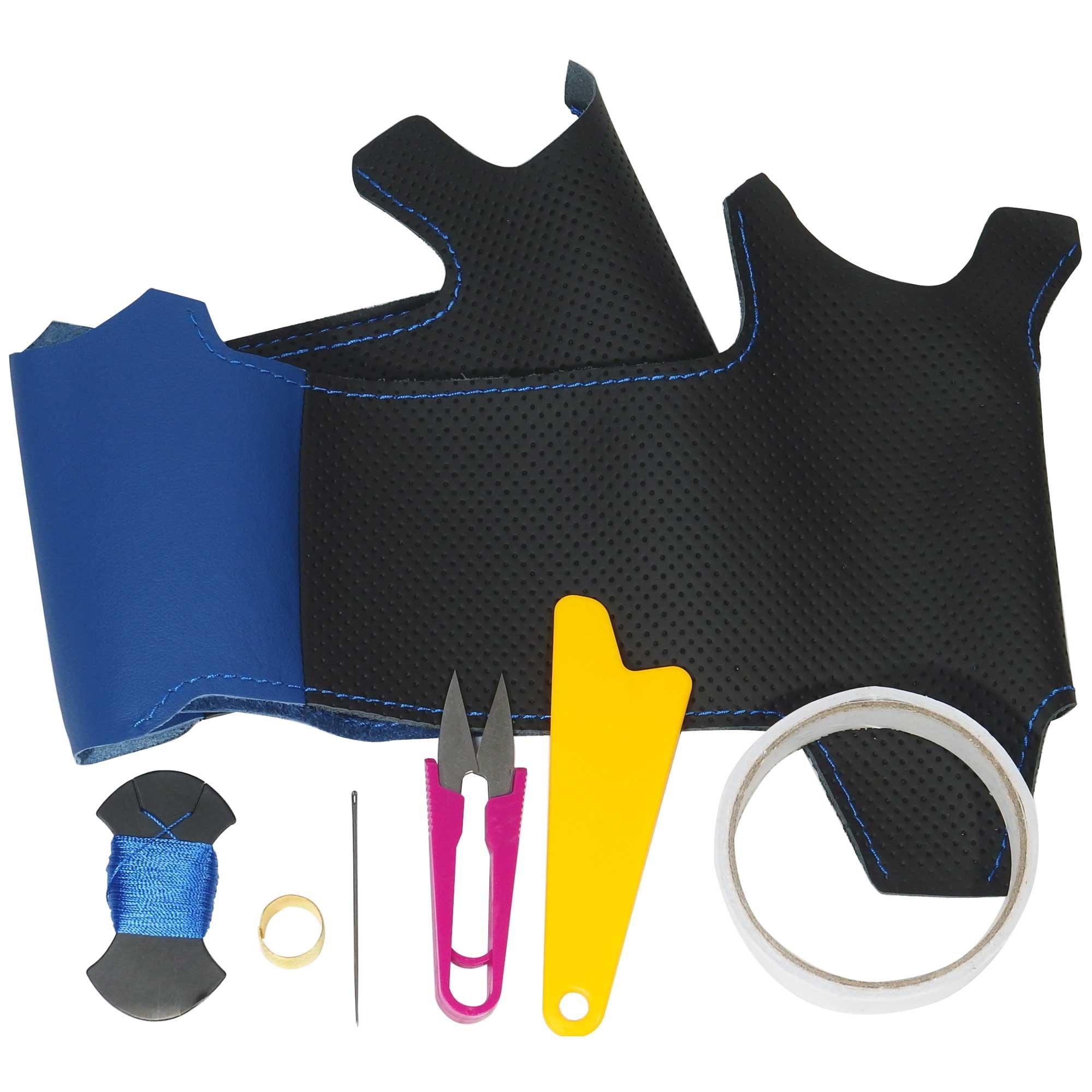 

DIY genuine leather steering wheel wrap kit for Toyota Crown Athlete and Crown Royal Black perforated leather on both blue leather on top and and blue чёрный