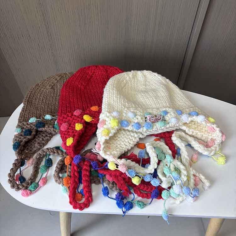 Sweet Cute Colored Braided Wool Hat Vintage Handwoven Fringed Knitted Hat Children's Autumn/Winter Ear Cap