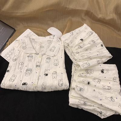 Cartoon Miffy Rabbit Cotton Gauze Three-piece Pajamas Women's Summer Short Sleeves Casual Loose Can Be Worn Outside Loungewear