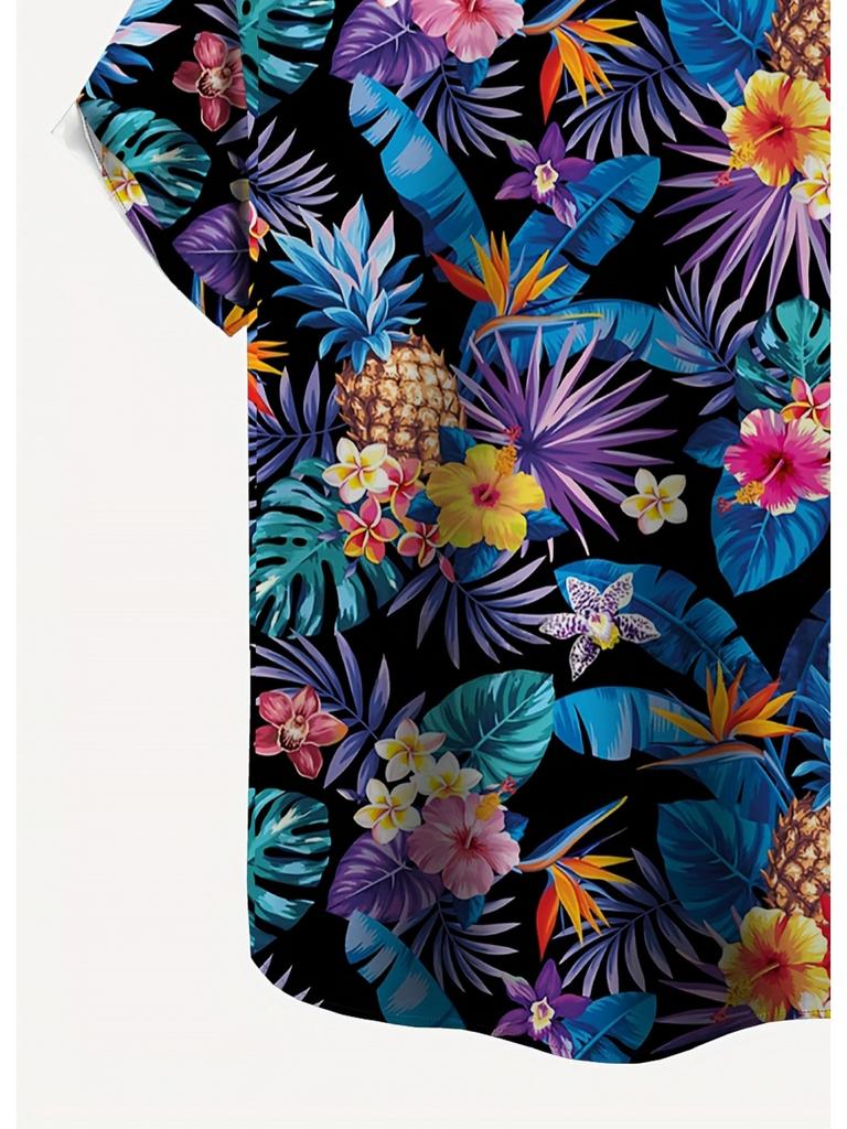 Plus Size Men's Top, Casual Short Sleeve Apparel, Men's Tropical Floral Print Short Sleeve Shirt - Vibrant Hawaiian Style, Casual Button Chest Pocket,